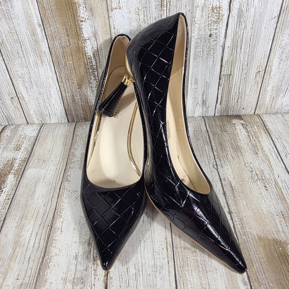 Liyuanmexie Black Quilted Patent Pointed Toe Pump Gold Accent Heel Size 41 US 10 - Picture 4 of 8